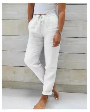 Pantalon Décontracté en Coton & Lin à Taille Élastique