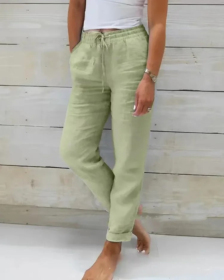 Pantalon Décontracté en Coton & Lin à Taille Élastique