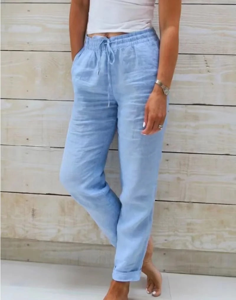 Pantalon Décontracté en Coton & Lin à Taille Élastique