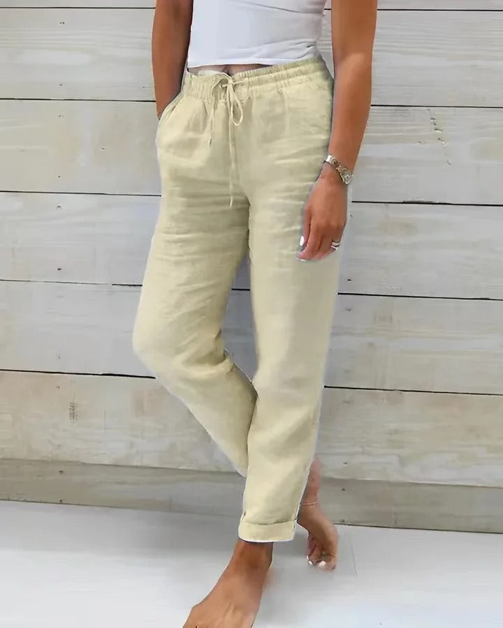 Pantalon Décontracté en Coton & Lin à Taille Élastique