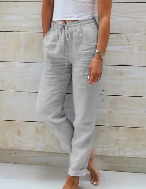 Pantalon Décontracté en Coton & Lin à Taille Élastique