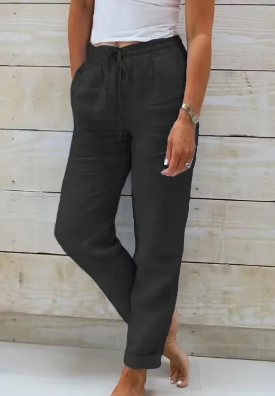 Pantalon Décontracté en Coton & Lin à Taille Élastique