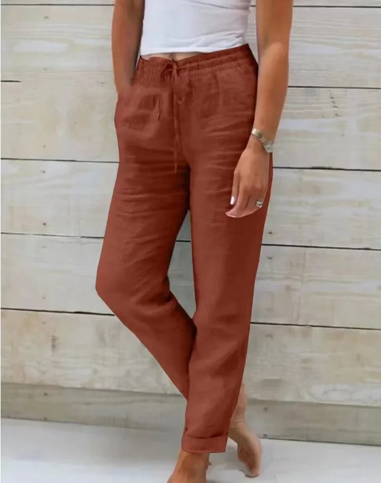 Pantalon Décontracté en Coton & Lin à Taille Élastique